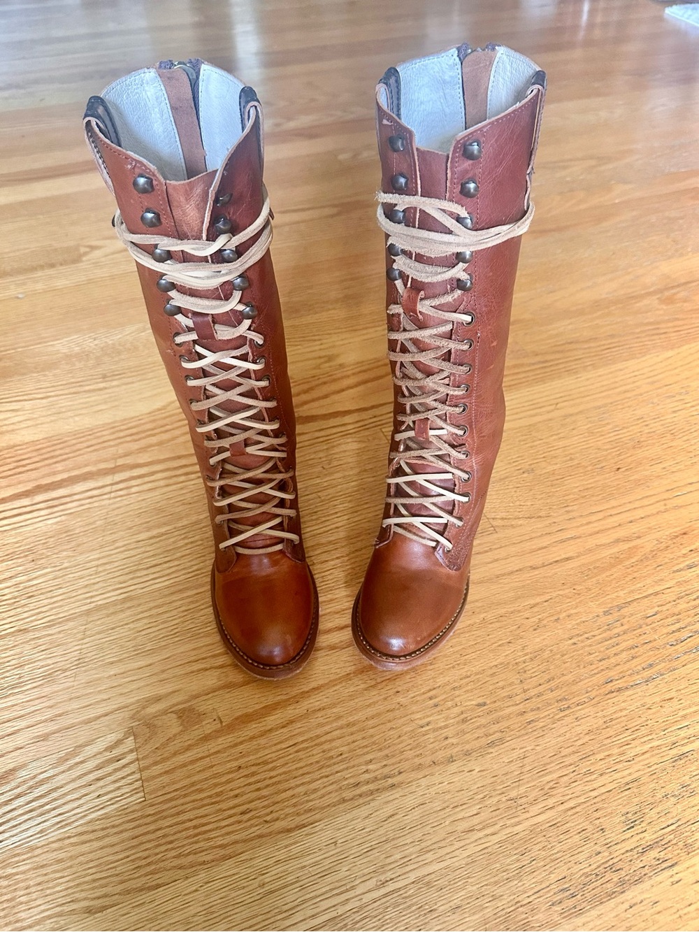 Freebird Cognac Granny Lace-Up Leather Riding Boots , with back zipper.